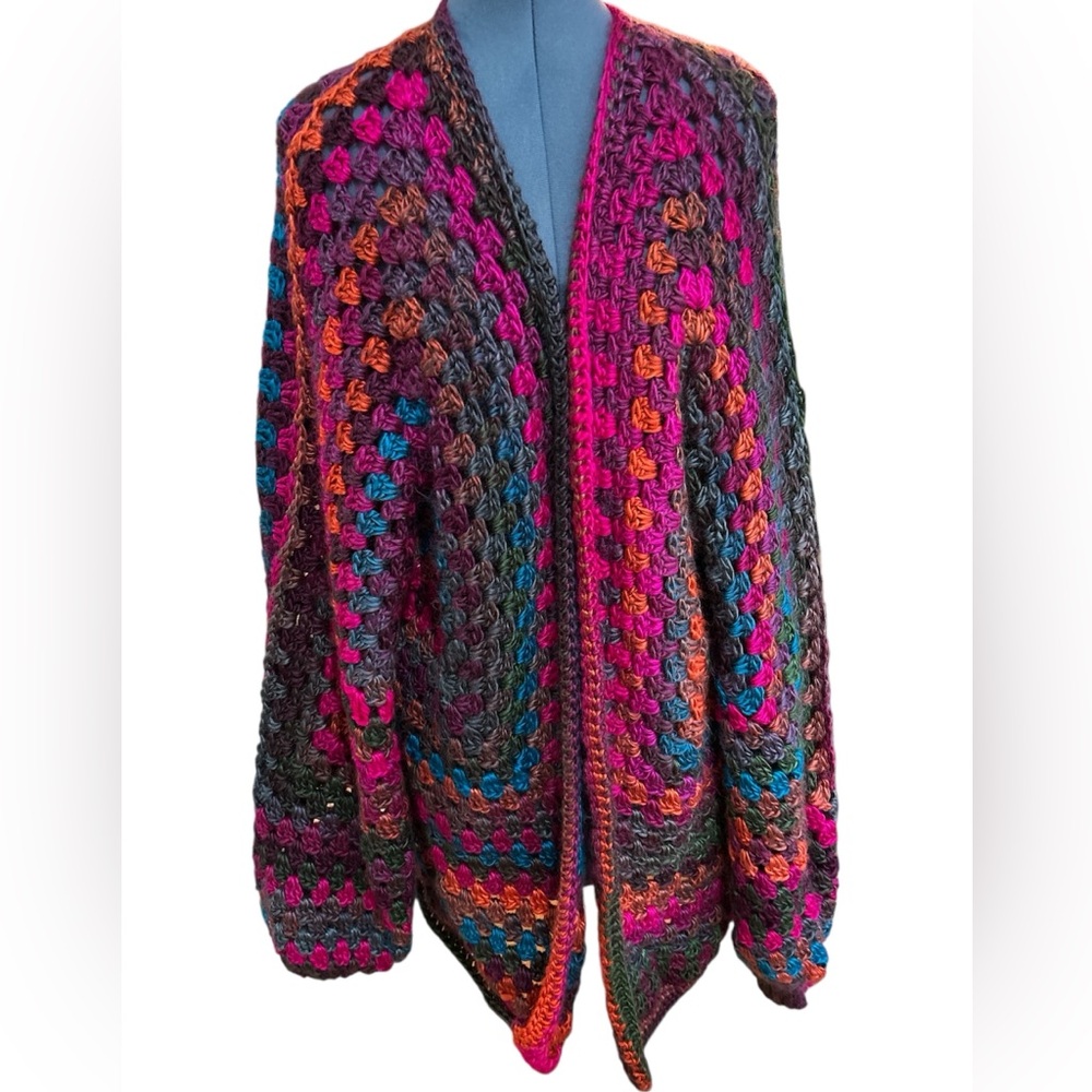 Handmade crochet knit hexagon multicolored cardigan Large - Picture 4 of 12
